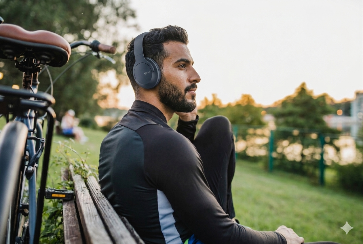 Person wearing wireless headphones outdoors